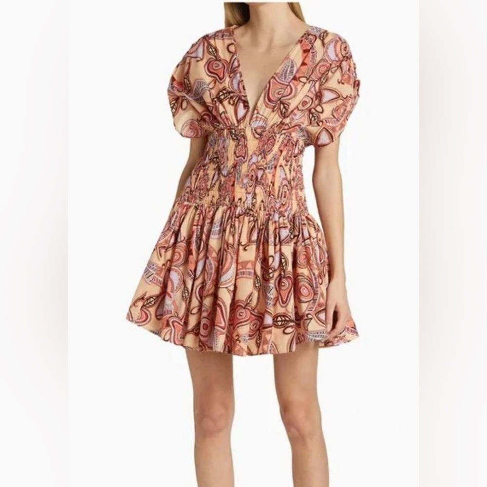 A.L.C. Luna Smocked Waist Short Sleeve Mini Dress V-Neck Multi Boho Sz 2 $495